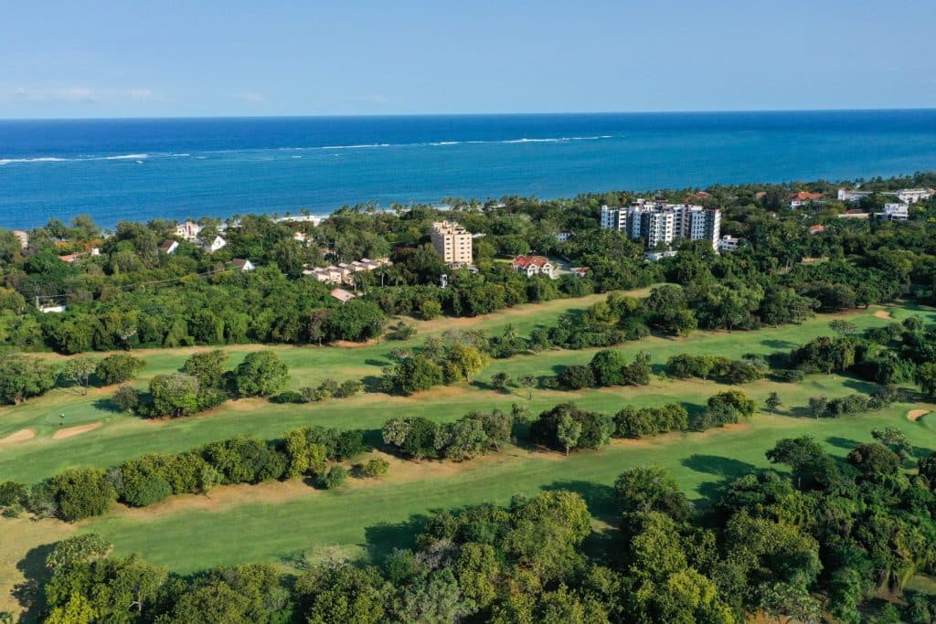 Aerial of fairways and bunkers