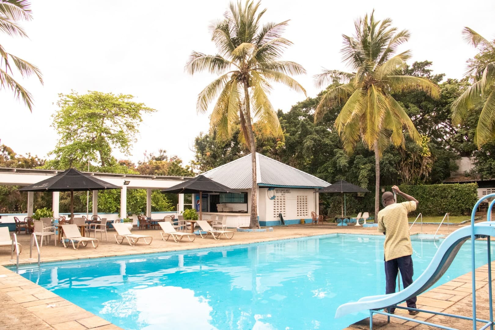Poolside loungers and shade area